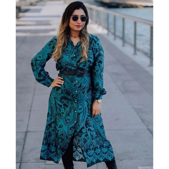 Zara Womens Shirt Dress M Blue Paisley Print Satin Midi Long Sleeve 8735/214 NWD - Picture 1 of 11